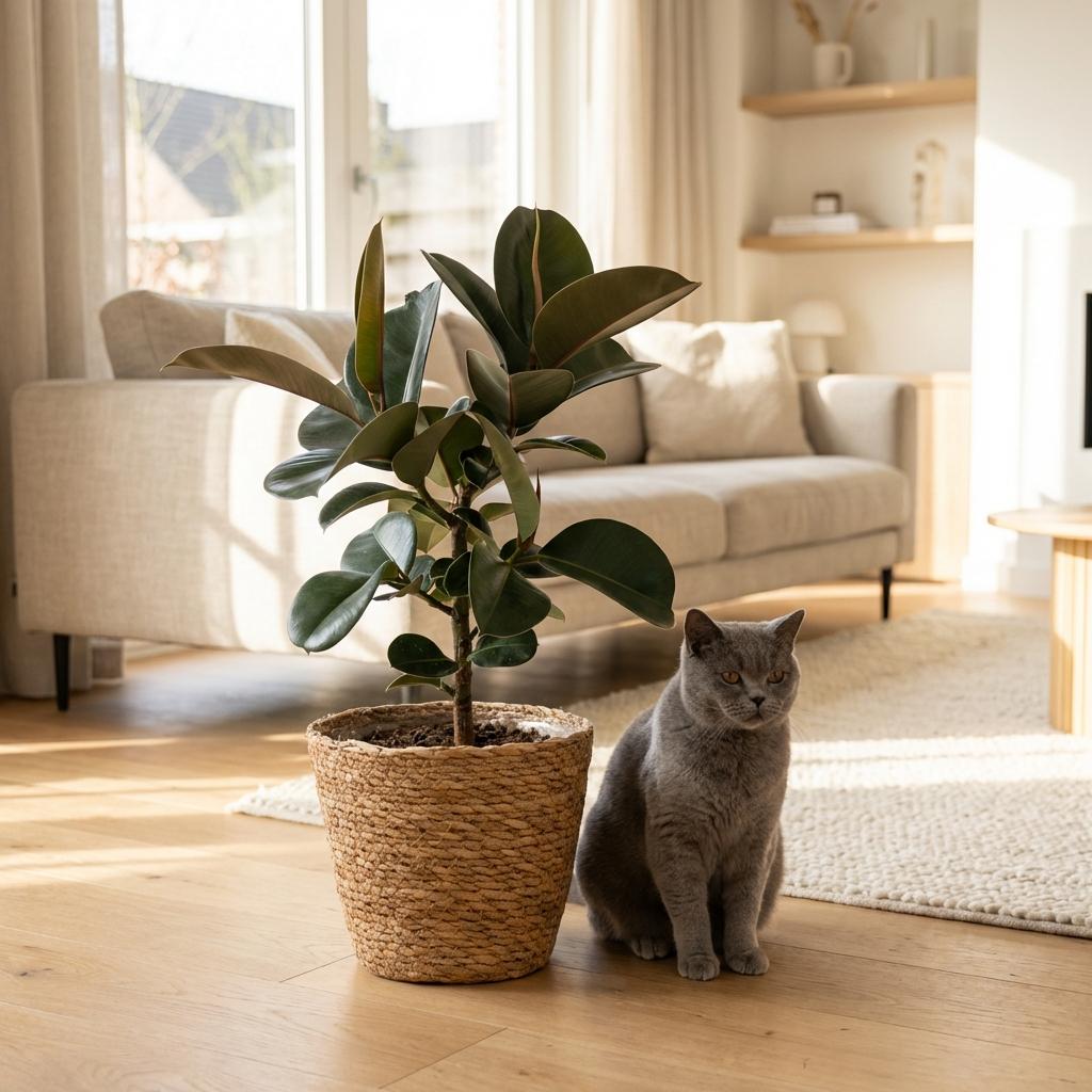 Kamerplant - Rubberplant - Ficus Elastica Cloe - Groen - Weinig onderhoud - 1 Plant - met Mand - Pot 19cm - Hoogte 65cm