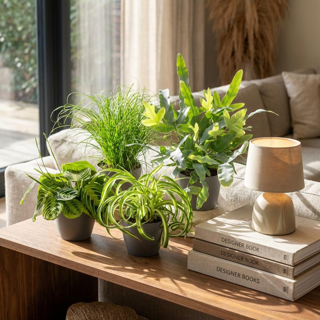 Kamerplant - Chlorophytum - Cyperus - Phlebodium - Marantha - Mix van 4 - Huisdiervriendelijke Planten - Groen - 4 Planten - met Potter Grijs - Pot 12cm - Hoogte 25cm