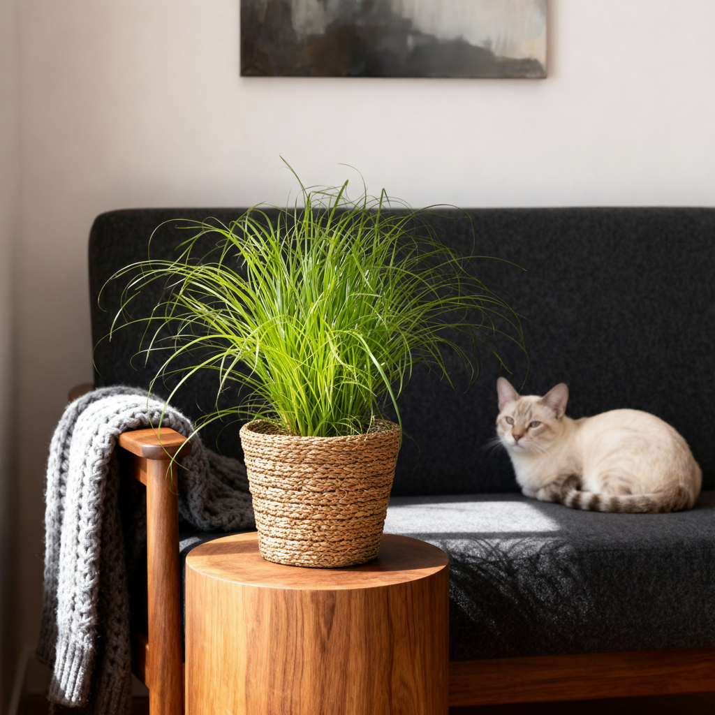 Kamerplant - Cyperus alternifolius Zumula - Kattengras - Huisdiervriendelijke Plant - Groen - 4 Planten - met Mand - Pot 12cm - Hoogte 20cm