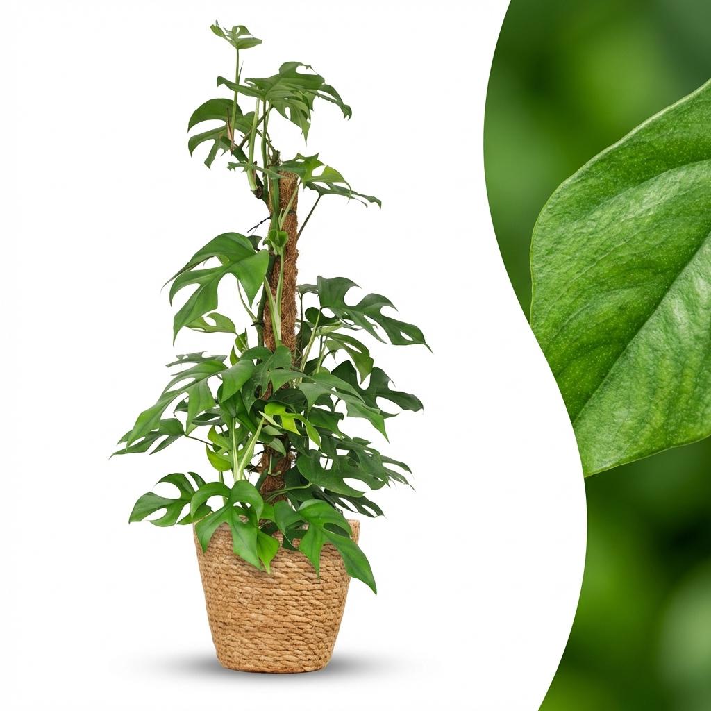 Kamerplant - Mini Gatenplant - Monstera Minima Mosstok - Groen - Weinig onderhoud - 1 Plant - met Mand - Pot 19cm - Hoogte 90cm