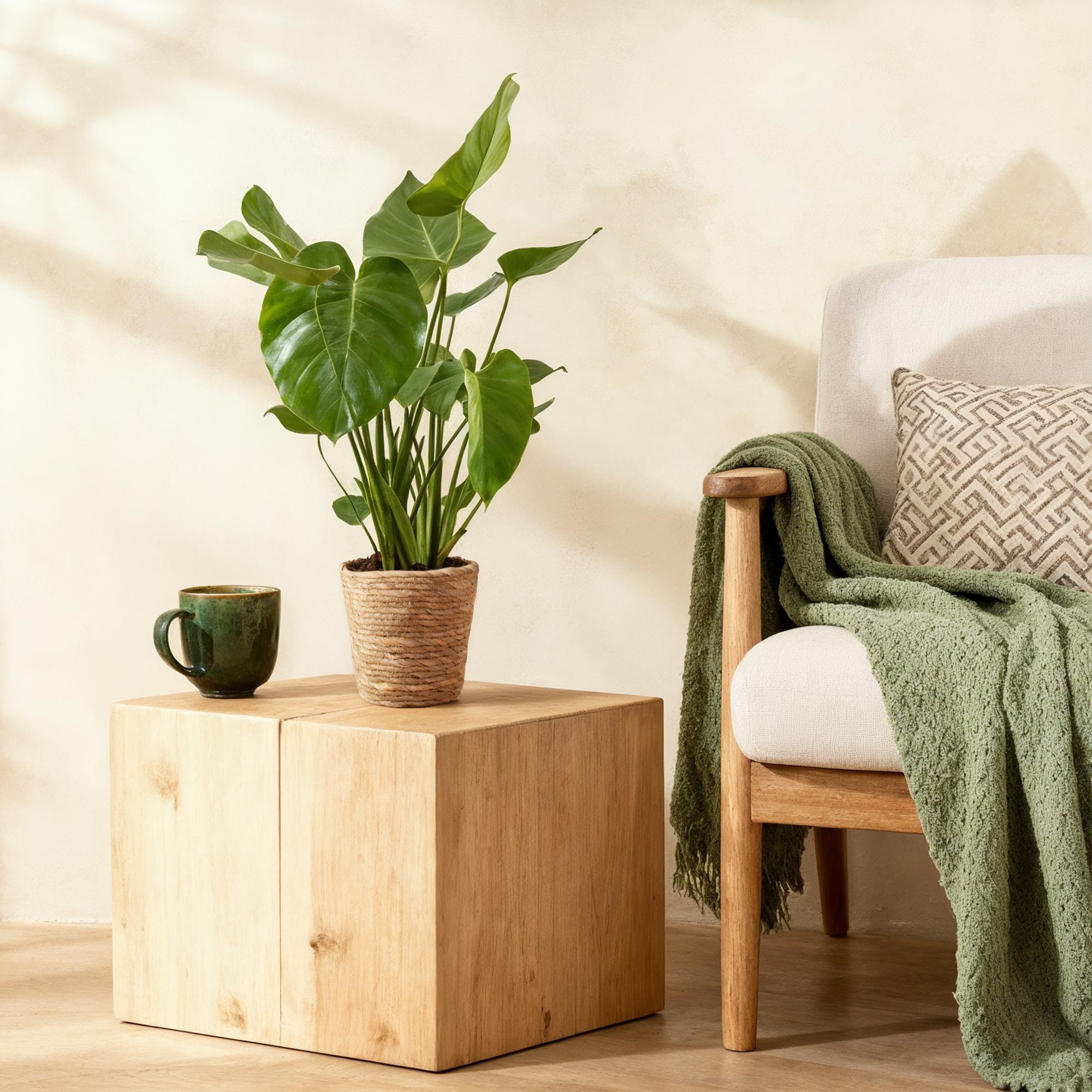 Green is... Kamerplanten - Monstera Deliciosa - Gatenplant - Weinig onderhoud - met mand - Groen - 2 Planten - Pot 17cm - Hoogte 50-55cm