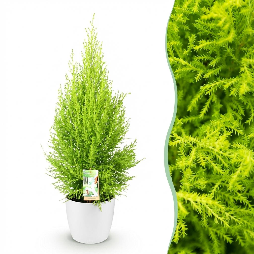 Kamerplanten - Cupressus Gold Crest Wilma - Kamer conifeer - Weinig onderhoud - Groen - 1 Plant - met Potter Wit - Pot 21cm - Hoogte 85-95cm