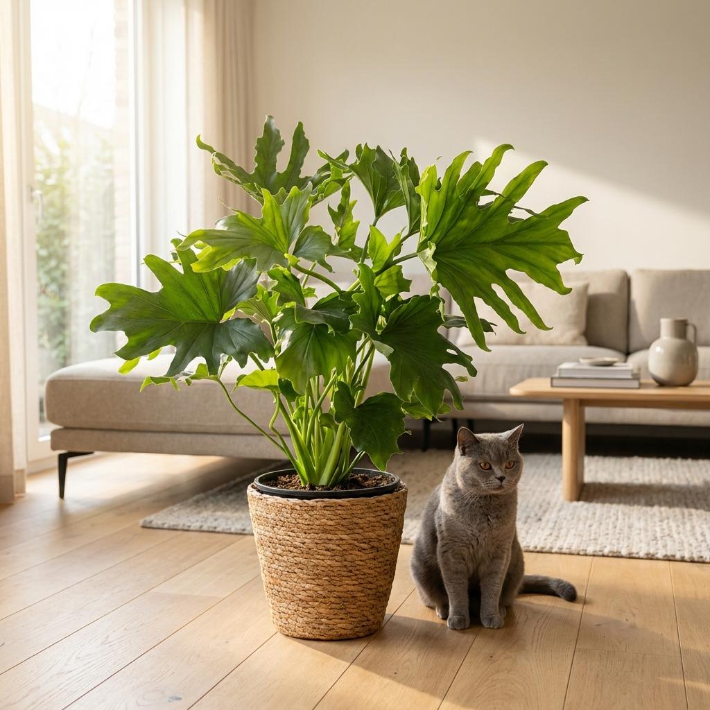 Kamerplant - Philodendron - Philodendron Lickety split - Groen - Weinig onderhoud - 1 Plant - met Mand - Pot 19cm - Hoogte 70cm