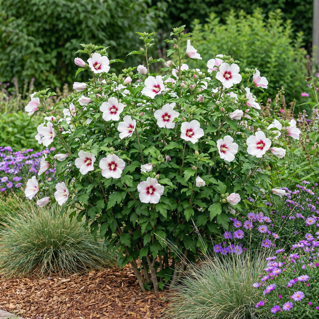 Heesters - Hibiscus syriacus Hamabo - Bloem Licht roze - 1 Plant - Bladverliezend - Weinig Onderhoud - Pot 17cm Hoogte 45cm