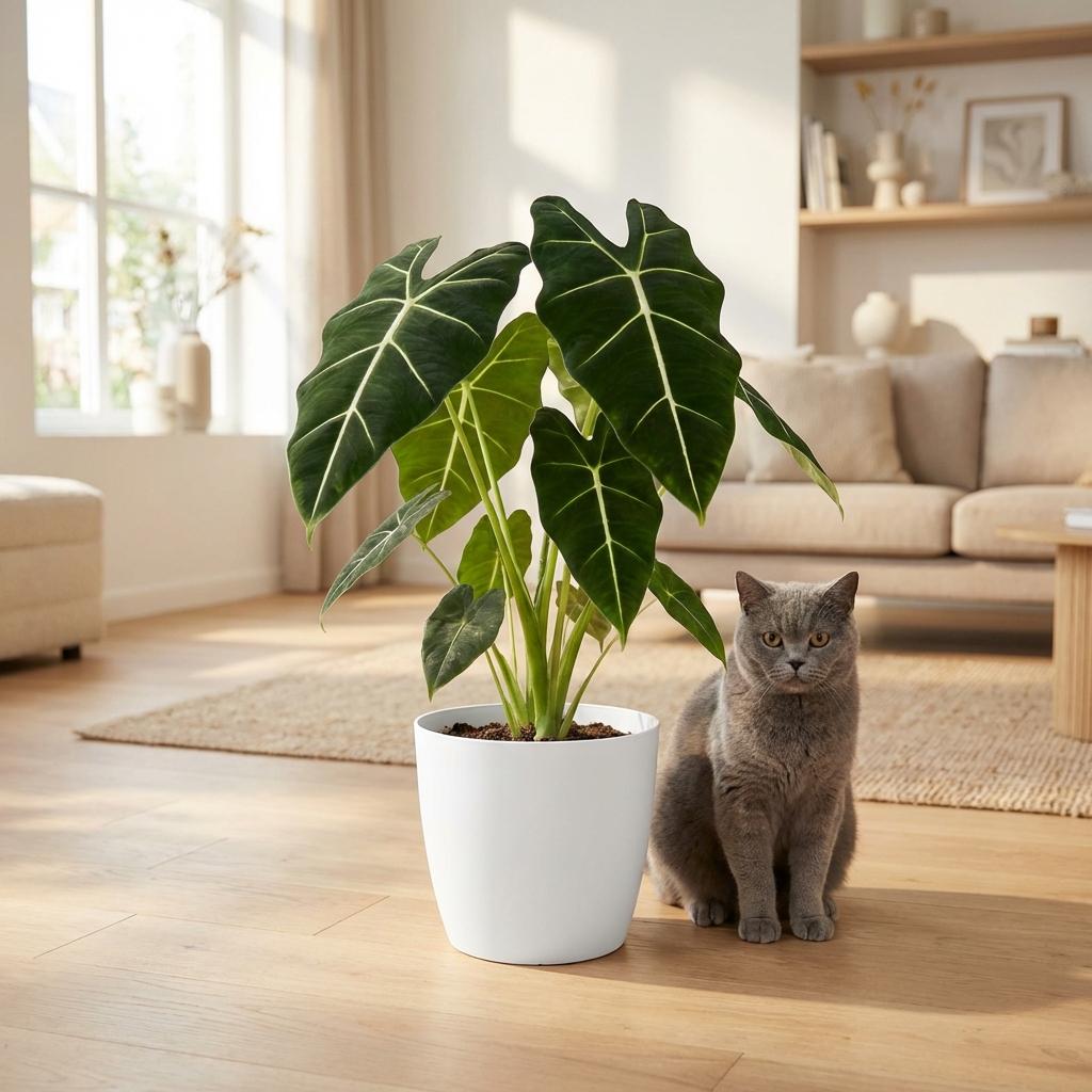 Kamerplant - Olifantsoor - Alocasia Frydek - Groen - Weinig onderhoud - 1 Plant - met Potter Wit - Pot 19cm - Hoogte 60cm