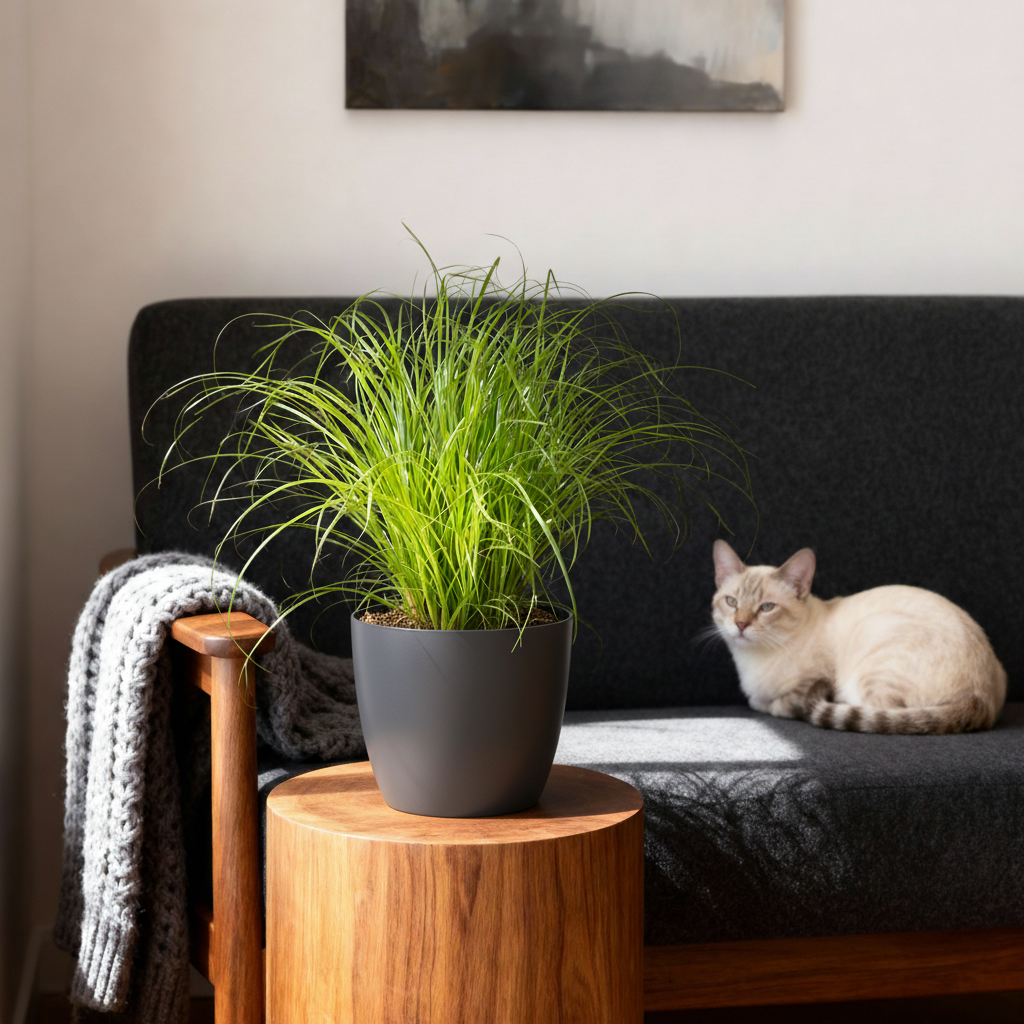 Kamerplant - Cyperus alternifolius Zumula - Kattengras - Huisdiervriendelijke Plant - Groen - 2 Planten - met Potter Grijs - Pot 12cm - Hoogte 20cm
