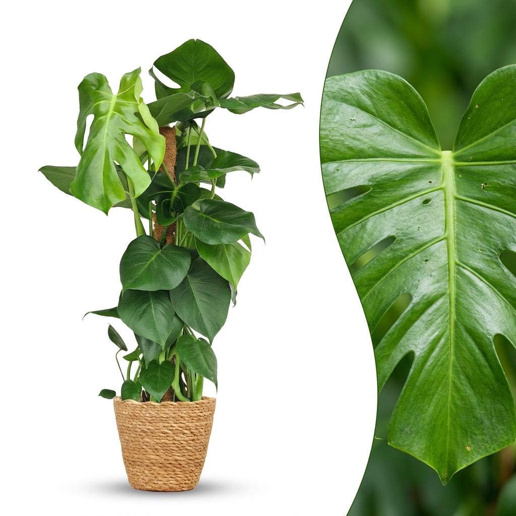 Kamerplant - Gatenplant - Monstera Deliciosa mosstok - Groen - Weinig onderhoud - 1 Plant - met Mand - Pot 19cm - Hoogte 90cm