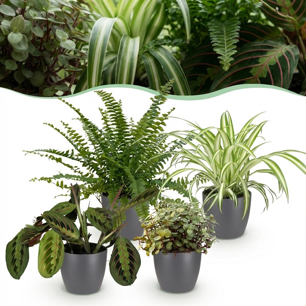 Kamerplant - Chlorophytum - Maranta - Calissia - Nephrolepsis - Mix van 4 - Huisdiervriendelijke Planten - Groen - 4 Planten - met Potter Grijs - Pot 12cm - Hoogte 25cm
