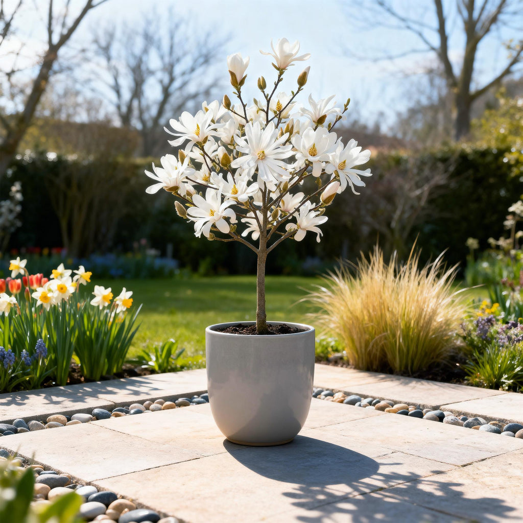 Plant op Stam - Magnolia stellata -Terras Plant - Bladverliezend - Winterhard - Witte Bloem - Pot 19cm Hoogte 90cm