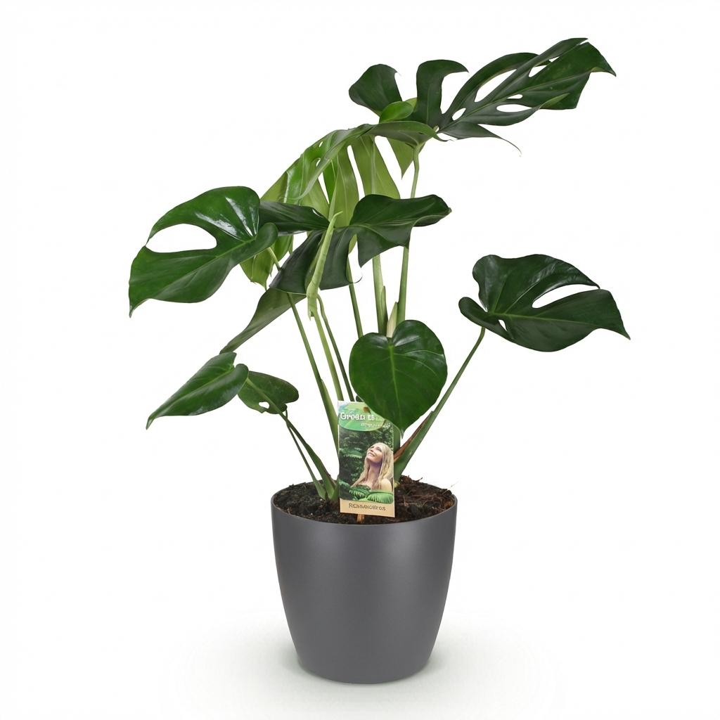 Kamerplanten - Monstera Deliciosa - Gatenplant - Weinig onderhoud - Groen - 1 Plant - met Potter Grijs - Pot 21cm - Hoogte 70-80cm