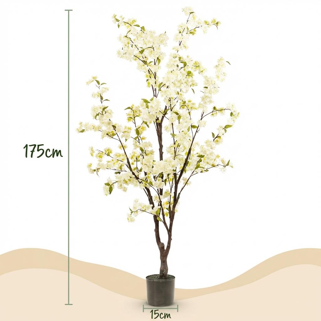 Kunstplant - Prunus - Kersenbloesem - Wit - 175cm
