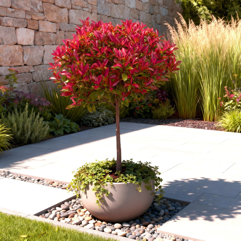 Plant op Stam - Photinia fraseri Carre Rouge - Terras Plant - Bladhoudend - Winterhard - Groen-Rood Blad - Pot 19cm Hoogte 90cm