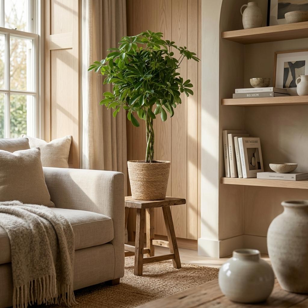 Schefflera Arab Nora met Mand Zeegras naturel  - 70cm - Ø21