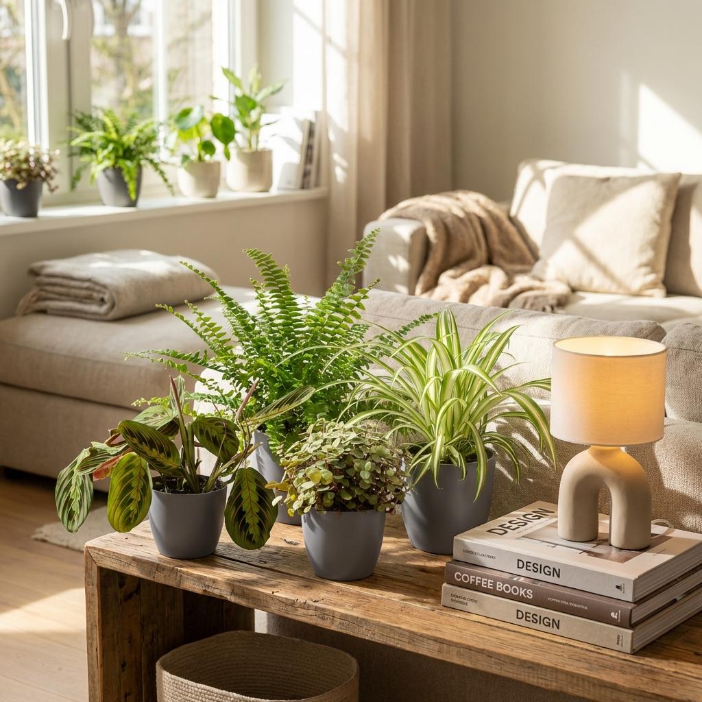 Kamerplant - Chlorophytum - Maranta - Calissia - Nephrolepsis - Mix van 4 - Huisdiervriendelijke Planten - Groen - 4 Planten - met Potter Grijs - Pot 12cm - Hoogte 25cm
