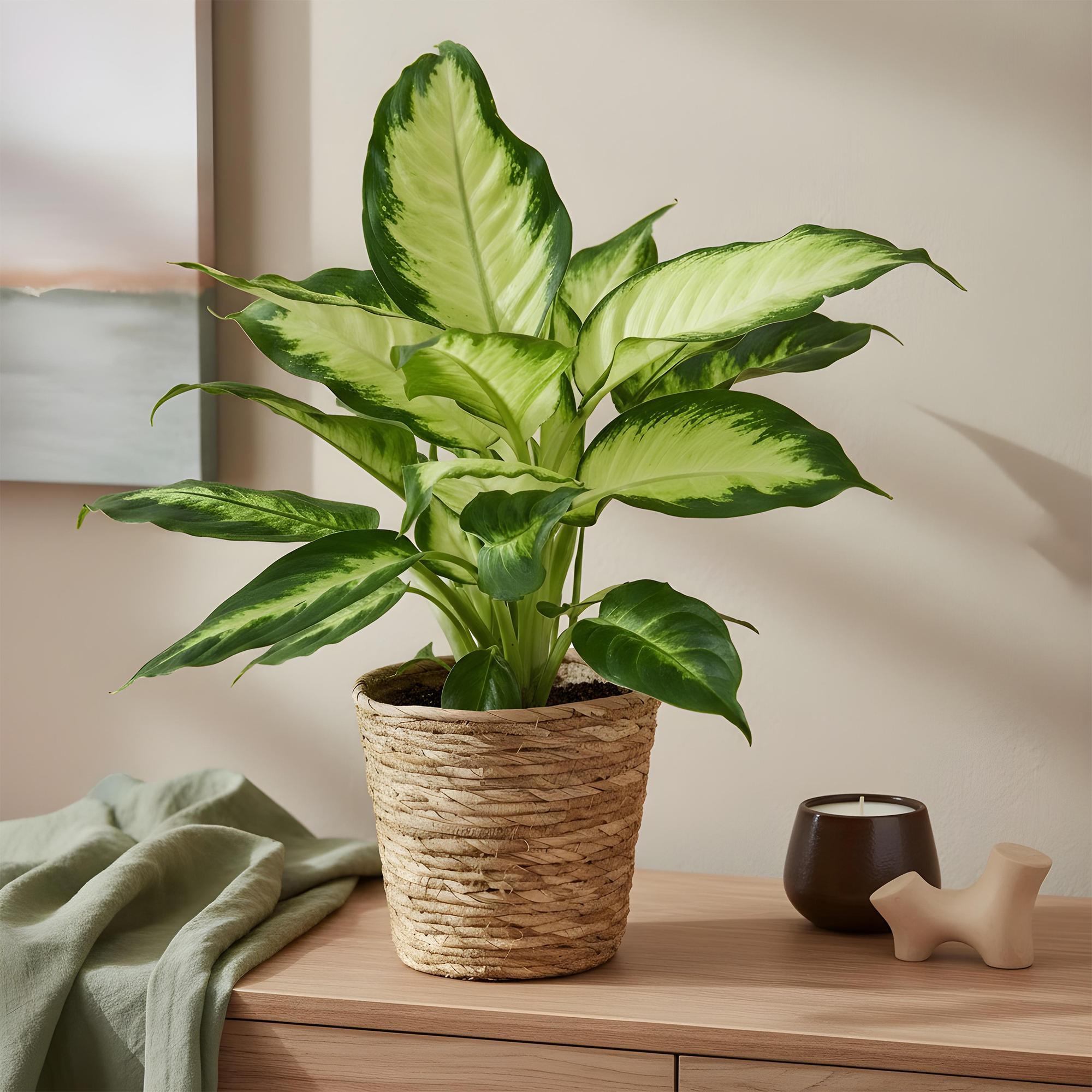 Green is... Kamerplanten - Diefenbachia Camilla - Dieffenbachia - Weinig onderhoud - met mand - Groen - 2 Planten - Pot 17cm - Hoogte 45-50cm