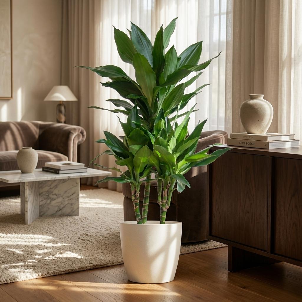 Dracaena  Janet Lindt met Potter wit - 95cm - Ø21