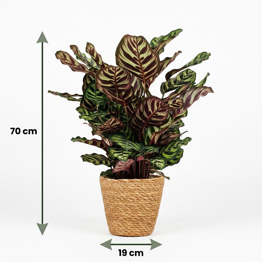 Kamerplant - Pauwenplant - Calathea Makoyana - Groen - Weinig onderhoud - 1 Plant - met Mand - Pot 19cm - Hoogte 70cm