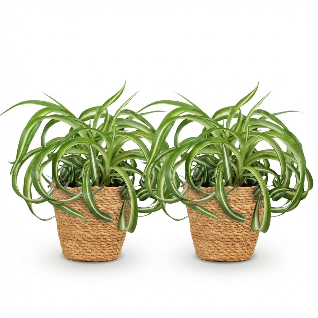 Kamerplant - Chlorophytum comosum Bonnie - Krullende Graslelie - Huisdiervriendelijke Plant - Groen - 2 Planten - met Mand - Pot 12cm - Hoogte 20cm