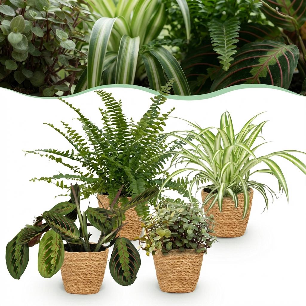 Kamerplant - Chlorophytum - Maranta - Calissia - Nephrolepsis - Mix van 4 - Huisdiervriendelijke Planten - Groen - 4 Planten - met Mand - Pot 12cm - Hoogte 25cm