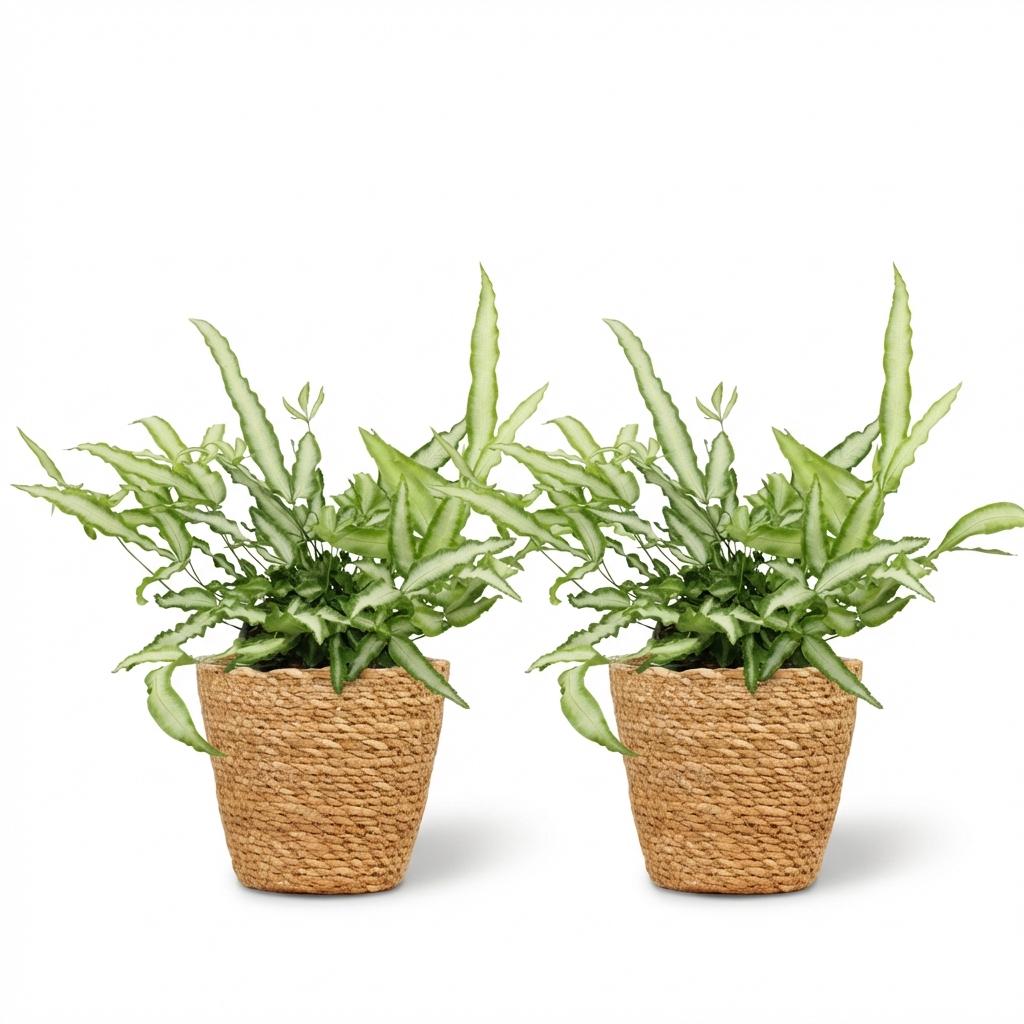 Kamerplant - Pteris cretica Albolineata - Lintvaren - Huisdiervriendelijke Plant - Groen - 2 Planten - met Mand - Pot 12cm - Hoogte 20cm