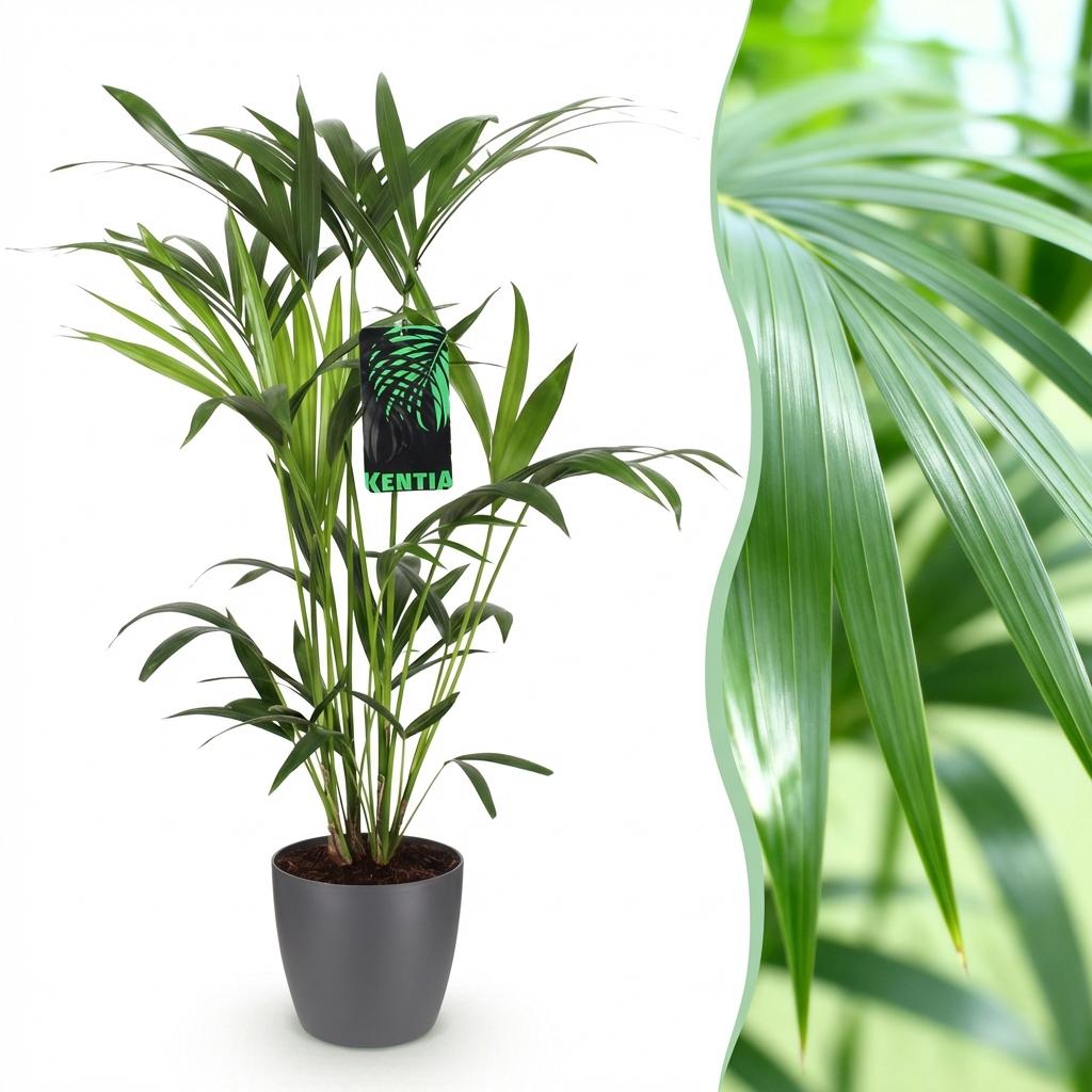 Kamerplant - Howea Forsteriana - Kentia Palm - Weinig Onderhoud - Groen - 1 Plant - met Potter Grijs - Pot 19cm - Hoogte 80-85cm