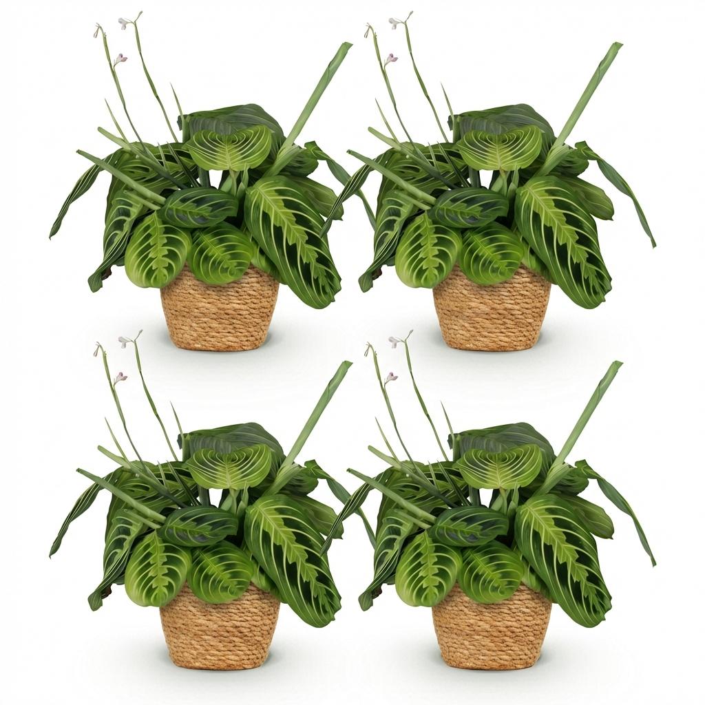 Kamerplant - Maranta Fascinator Lemon Lime - Gebedsplant - Huisdiervriendelijke Plant - Groen - 4 Planten - met Mand - Pot 12cm - Hoogte 25cm