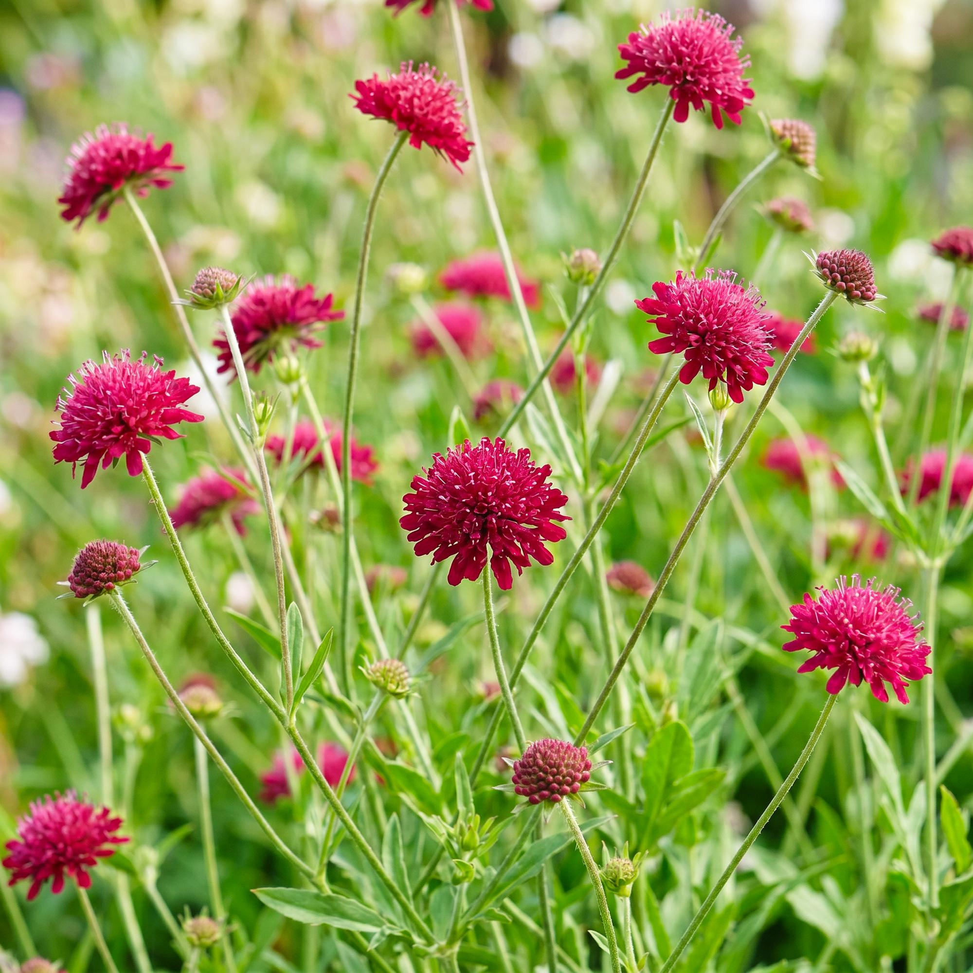 Vasteplant - Knautia macedonica - Beemdkroon - Bijen- en vlinderlokkers - Donker Rood - 12 Planten - Pot 11cm - Hoogte 15-25cm