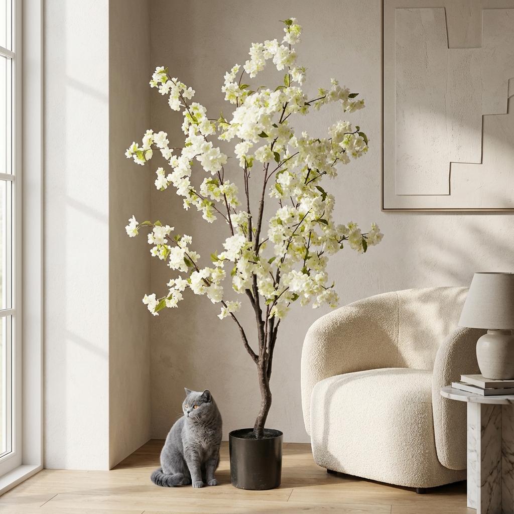 Kunstplant - Prunus - Kersenbloesem - Wit - 135cm