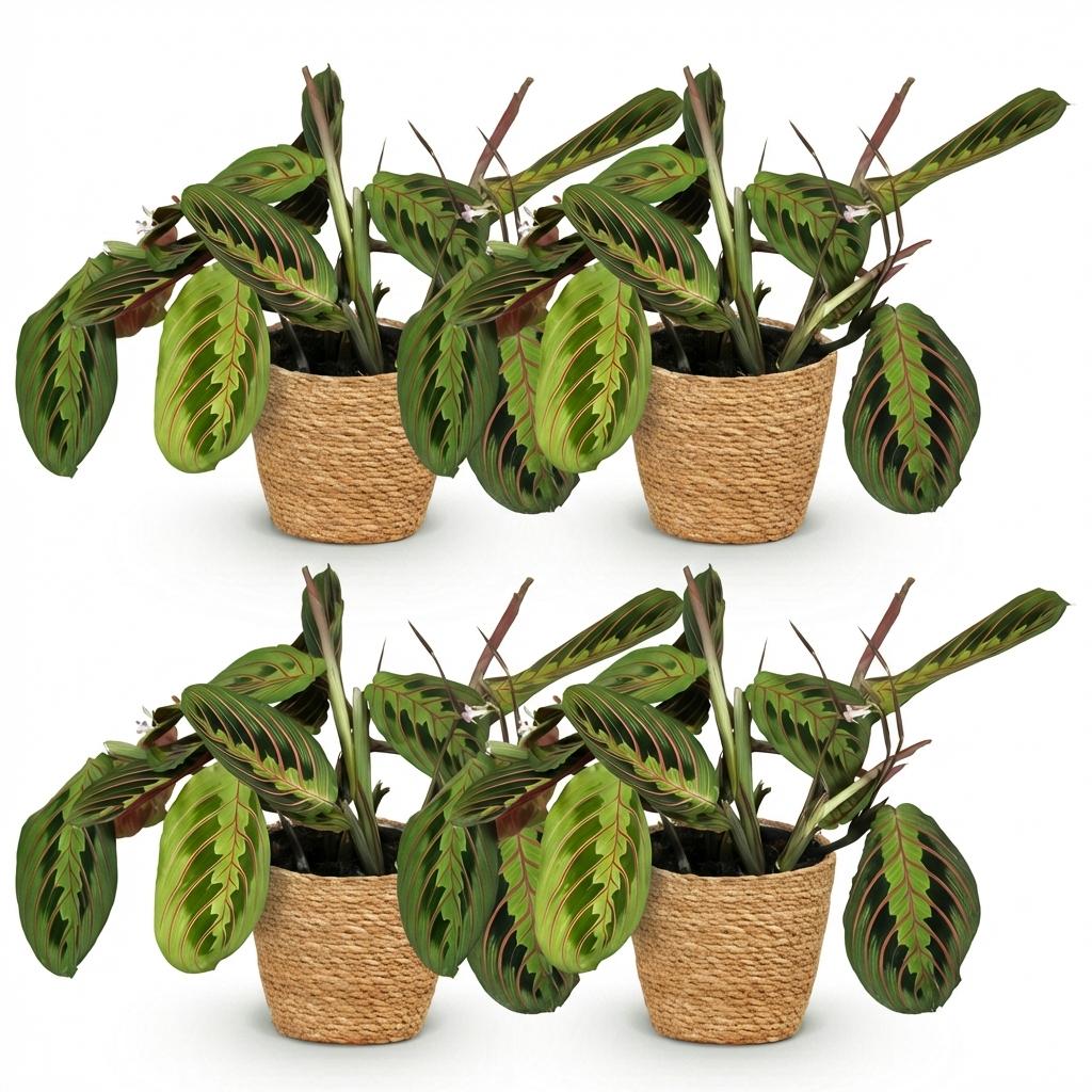 Kamerplant - Maranta Fascinator Tricolour - Gebedsplant - Huisdiervriendelijke Plant - Groen - 4 Planten - met Mand - Pot 12cm - Hoogte 25cm