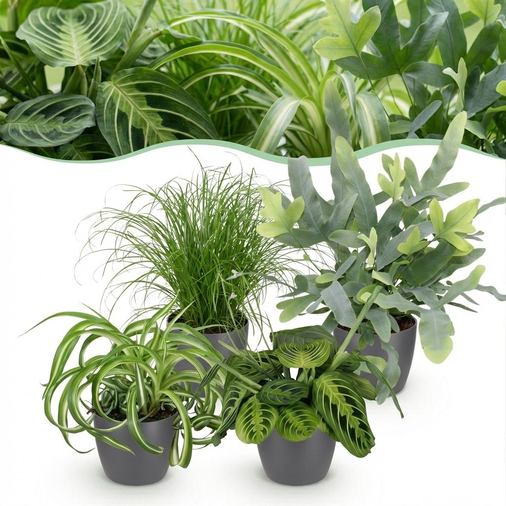 Kamerplant - Chlorophytum - Cyperus - Phlebodium - Marantha - Mix van 4 - Huisdiervriendelijke Planten - Groen - 4 Planten - met Potter Grijs - Pot 12cm - Hoogte 25cm