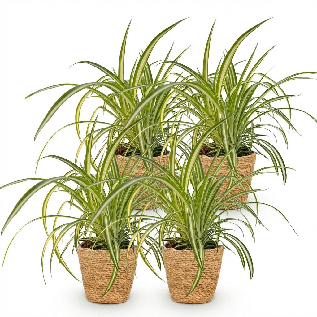 Kamerplant - Chlorophytum comosum Variegatum - Bonte Graslelie - Huisdiervriendelijke Plant - Groen - 4 Planten - met Mand - Pot 12cm - Hoogte 20cm