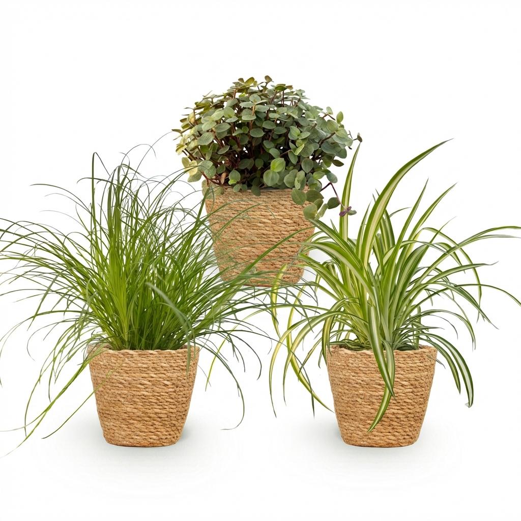 Kamerplant - Cyperus - Calissia - Chlorophytum - Mix van 3 - Huisdiervriendelijke Planten - Groen - 3 Planten - met Mand - Pot 12cm - Hoogte 20cm