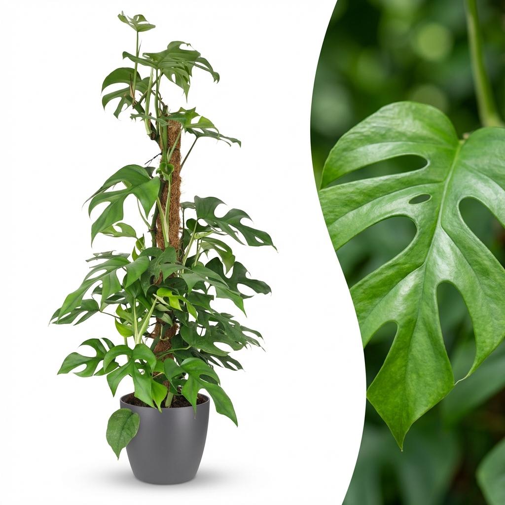 Kamerplant - Mini Gatenplant - Monstera Minima Mosstok - Groen - Weinig onderhoud - 1 Plant - met Potter Grijs - Pot 19cm - Hoogte 90cm