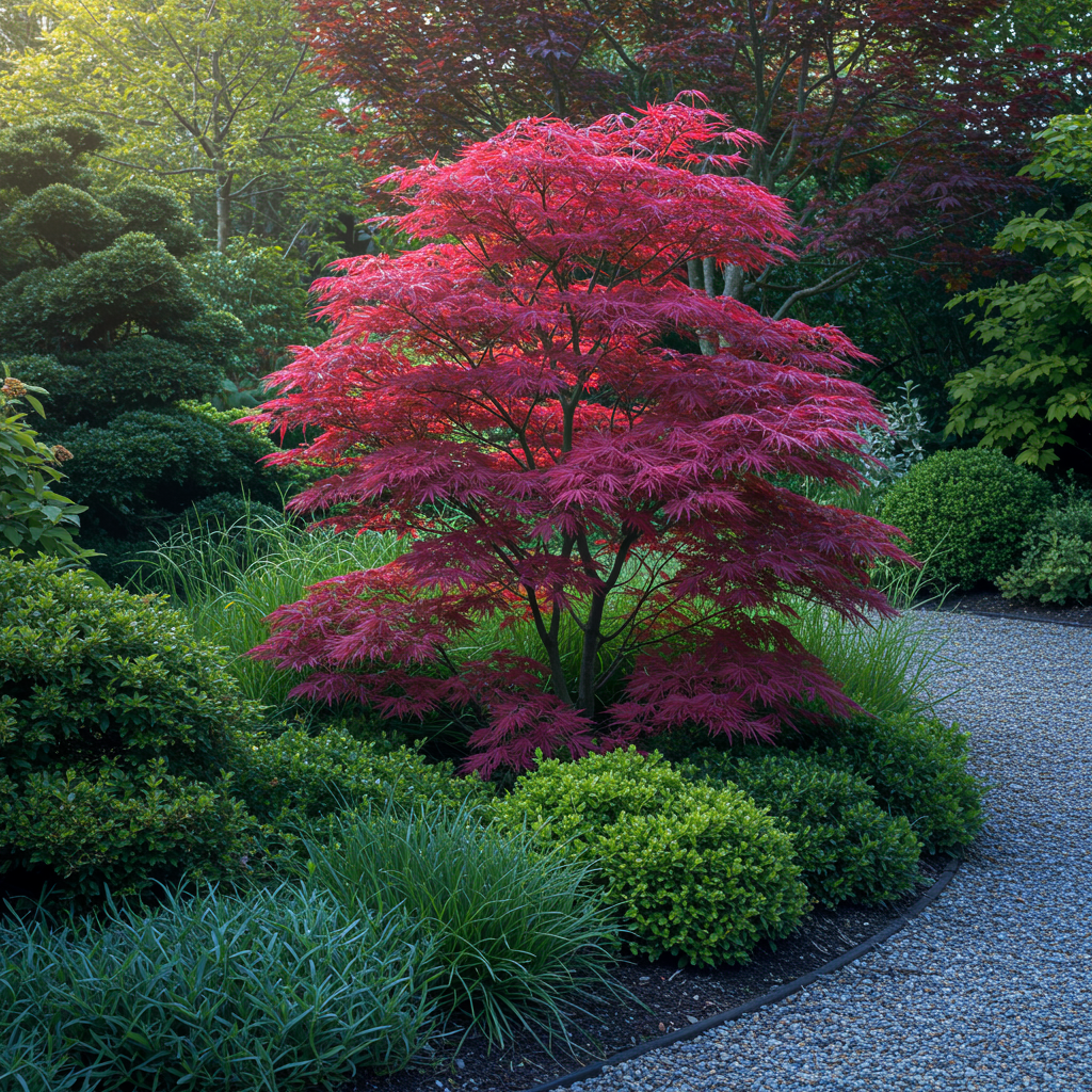 Terrasplant - Japanse Esdoorn - Acer palmatum Atropurpureum - Paars - 2 Planten - Bladverliezend - Pot 19cm Hoogte 70cm