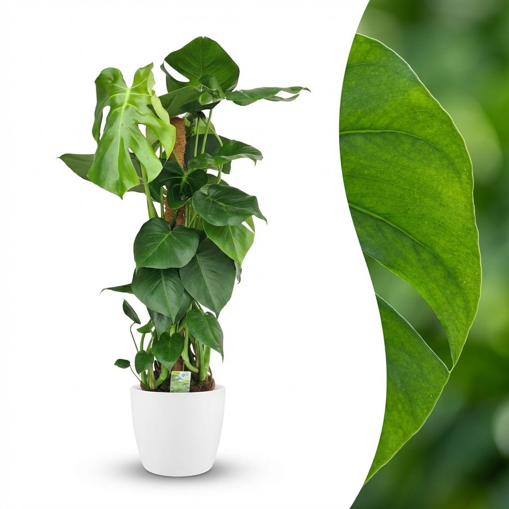Kamerplant - Gatenplant - Monstera Deliciosa mosstok - Groen - Weinig onderhoud - 1 Plant - met Potter Wit - Pot 19cm - Hoogte 90cm
