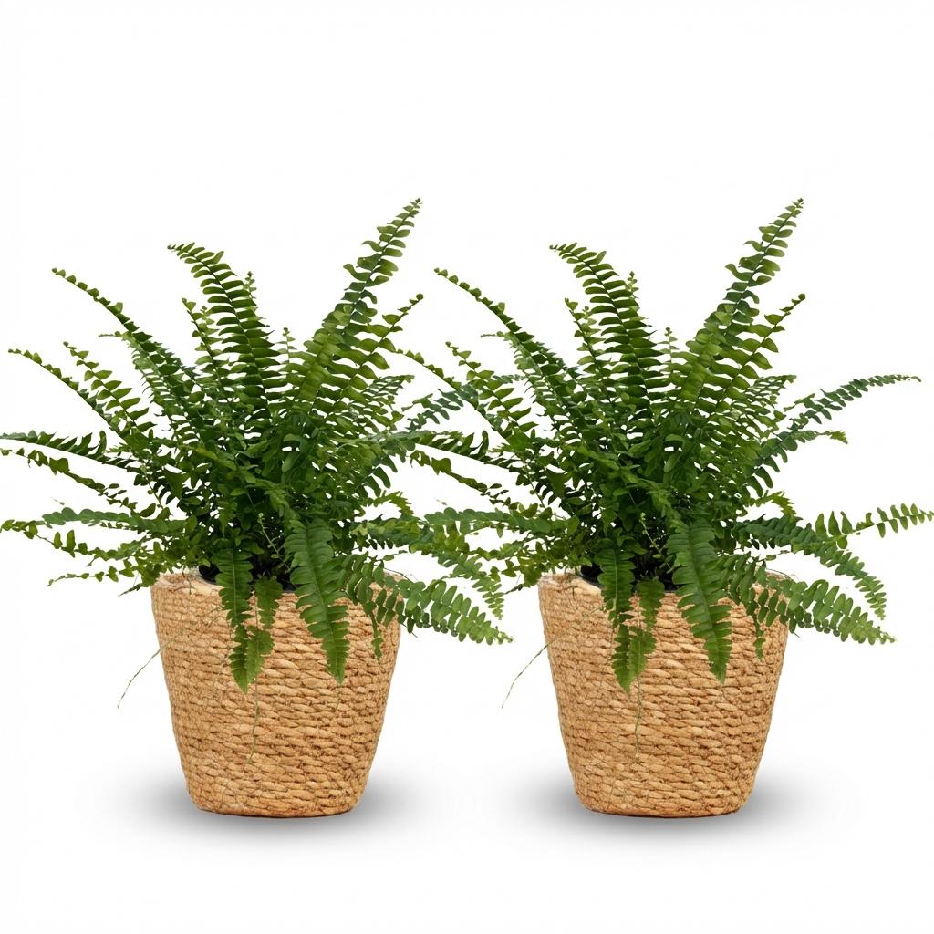 Kamerplant - Nephrolepsis exaltata Green Lady - Varen - Huisdiervriendelijke Plant - Groen - 2 Planten - met Mand - Pot 12cm - Hoogte 25cm