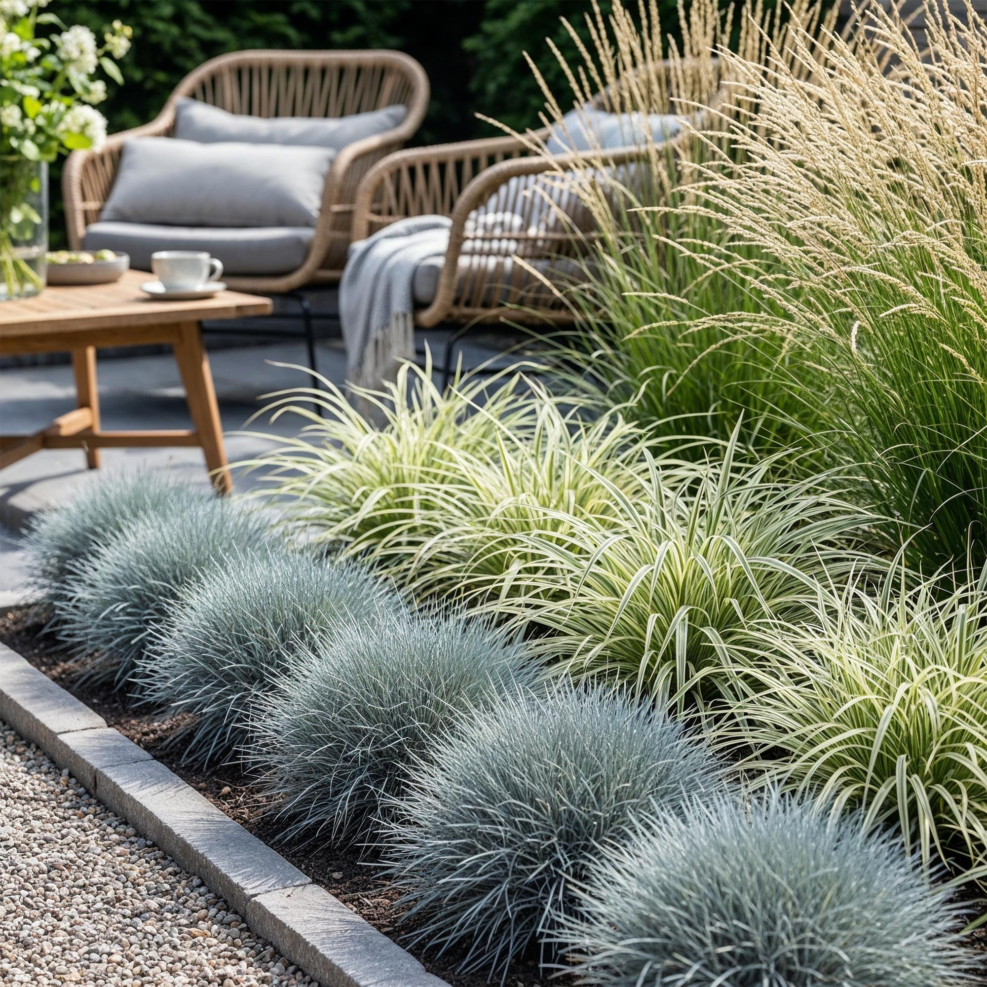 Siergrassen - 3 Planten - Blauw - Geel - Groen - Groenblijvend - Winterhard - Pot 17cm Hoogte 50cm