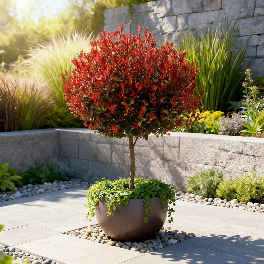 Plant op Stam - Photinia fraseri Little Red Robin - Terras Plant - Bladhoudend - Winterhard - Groen-Rood Blad - Pot 19cm Hoogte 90cm