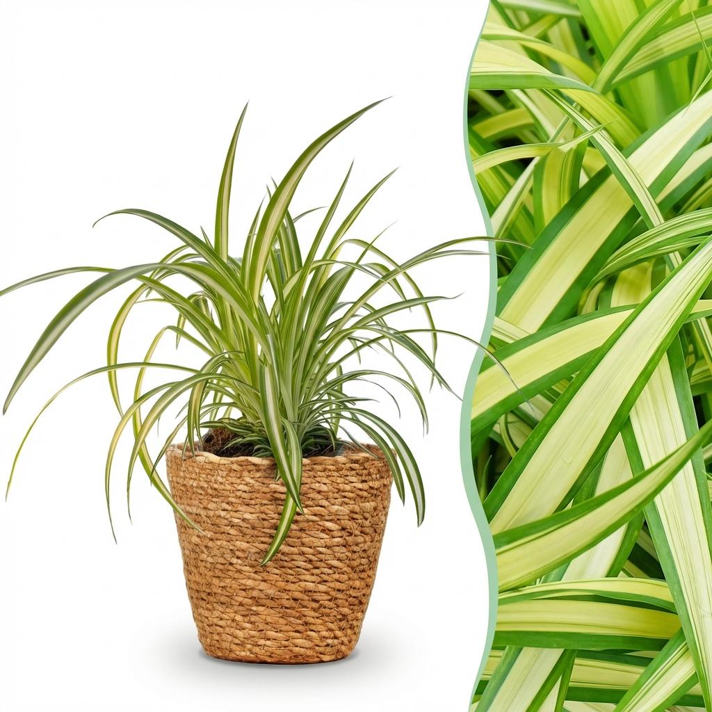 Kamerplant - Chlorophytum comosum Variegatum - Bonte Graslelie - Huisdiervriendelijke Plant - Groen - 1 Plant - met Mand - Pot 12cm - Hoogte 20cm