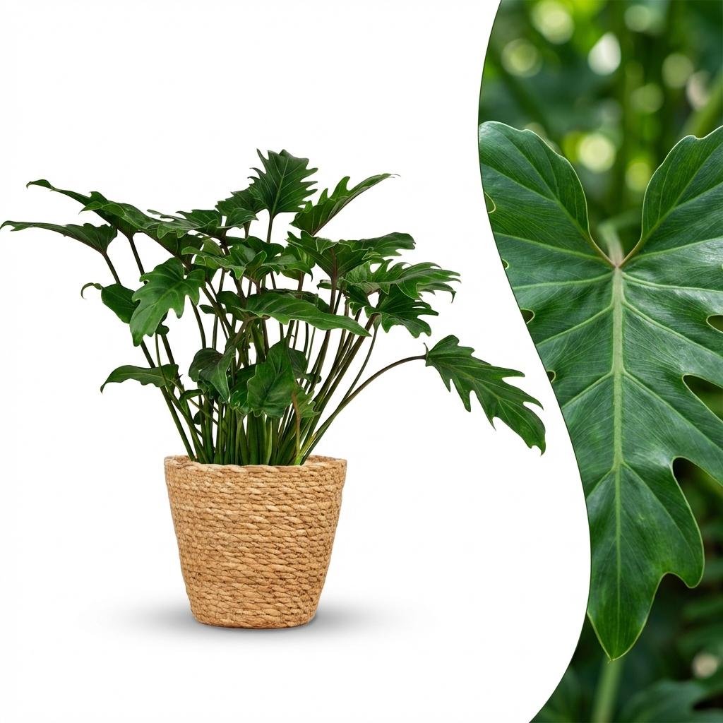 Kamerplant - Philodendron - Philodendron Xanadu - Groen - Weinig onderhoud - 1 Plant - met Mand - Pot 19cm - Hoogte 60cm