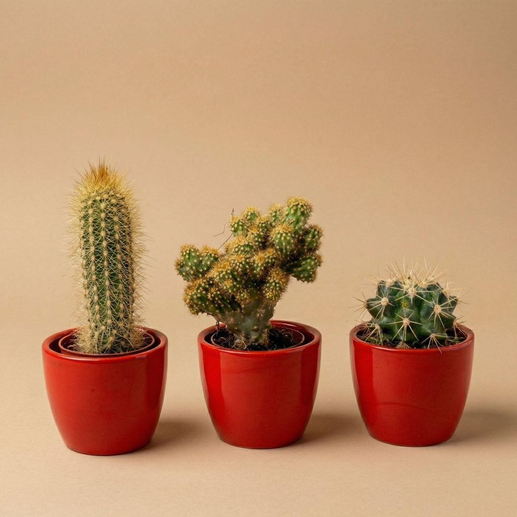 Cactussen set van 3 met rode mini-pot - Mix van levende cactussen - ↑ 8-12 cm