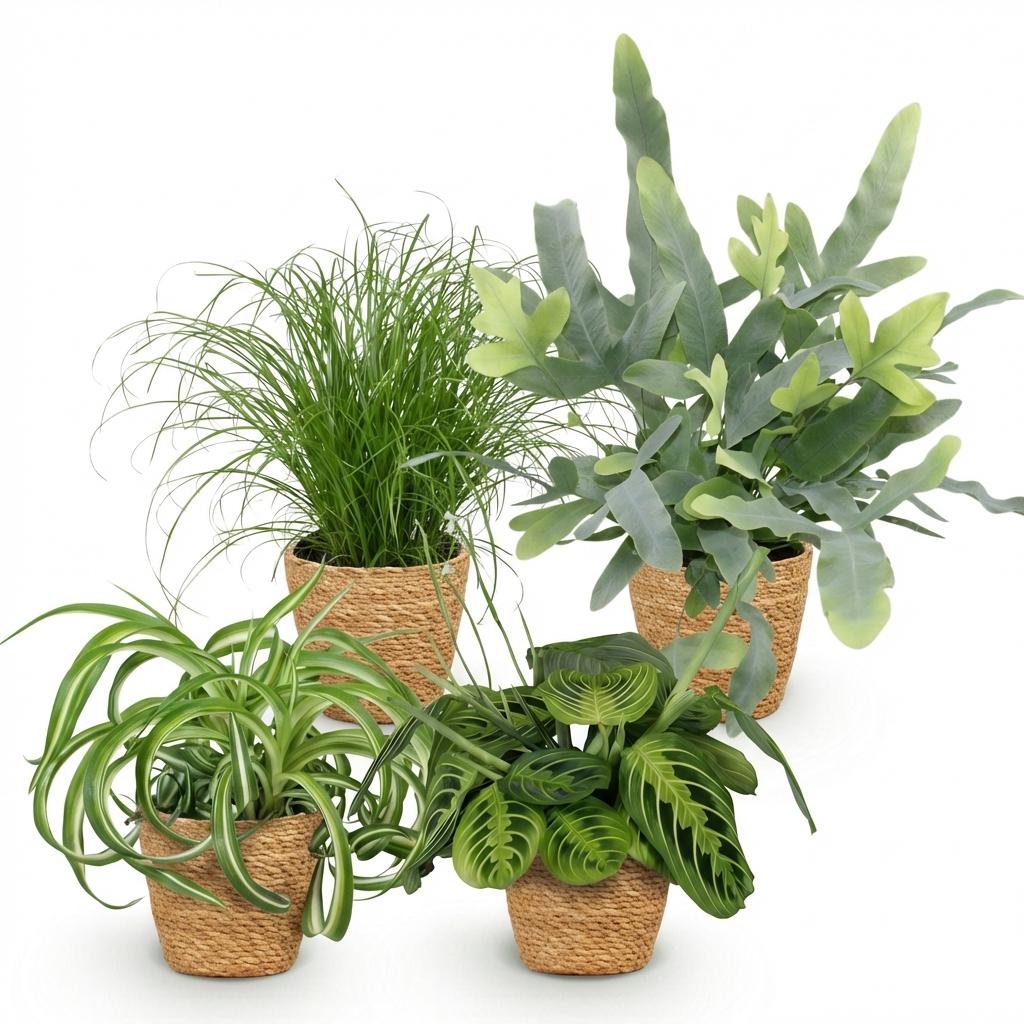 Kamerplant - Chlorophytum - Cyperus - Phlebodium - Marantha - Mix van 4 - Huisdiervriendelijke Planten - Groen - 4 Planten - met Mand - Pot 12cm - Hoogte 25cm