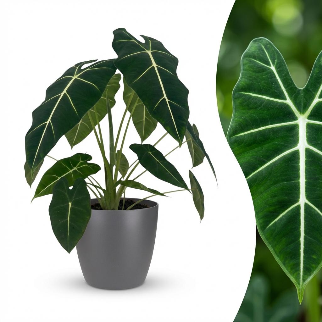 Kamerplant - Olifantsoor - Alocasia Frydek - Groen - Weinig onderhoud - 1 Plant - met Potter Grijs - Pot 19cm - Hoogte 60cm
