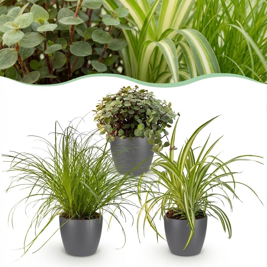 Kamerplant - Cyperus - Calissia - Chlorophytum - Mix van 3 - Huisdiervriendelijke Planten - Groen - 3 Planten - met Potter Grijs - Pot 12cm - Hoogte 20cm