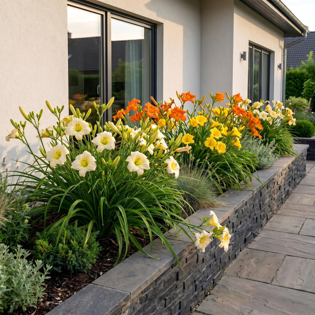 Vasteplant - Hemerocallis Tricolour - Daglelie - Bijen- en vlinderlokkers - Creme - Geel - Rood - 6 Planten - Pot 11cm - Hoogte 15-25cm