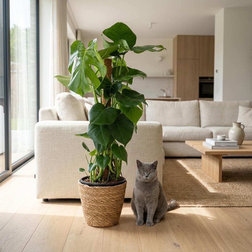 Kamerplant - Gatenplant - Monstera Deliciosa mosstok - Groen - Weinig onderhoud - 1 Plant - met Mand - Pot 19cm - Hoogte 90cm