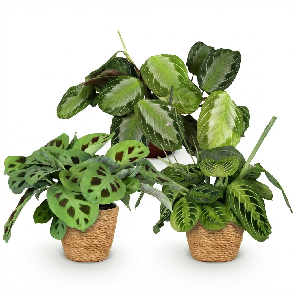 Kamerplant - Marantha Silverband, Marantha Lemon Lime Marantha Kerchoveana - Gebedsplant - Huisdiervriendelijke Plant - Groen - 3 Planten - met Mand - Pot 12cm - Hoogte 25cm