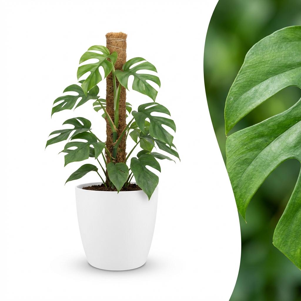 Kamerplant - Mini Gatenplant - Monstera Minima Mosstok - Groen - Weinig onderhoud - 1 Plant - met Potter Wit - Pot 19cm - Hoogte 90cm