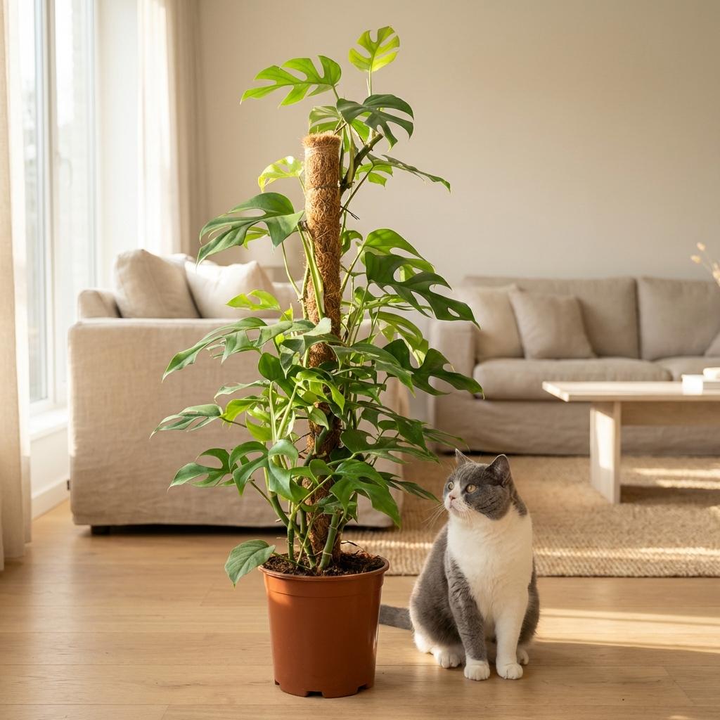 Kamerplant - Mini Gatenplant - Monstera Minima Mosstok - Groen - Weinig onderhoud - 1 Plant - met Potter Wit - Pot 19cm - Hoogte 90cm