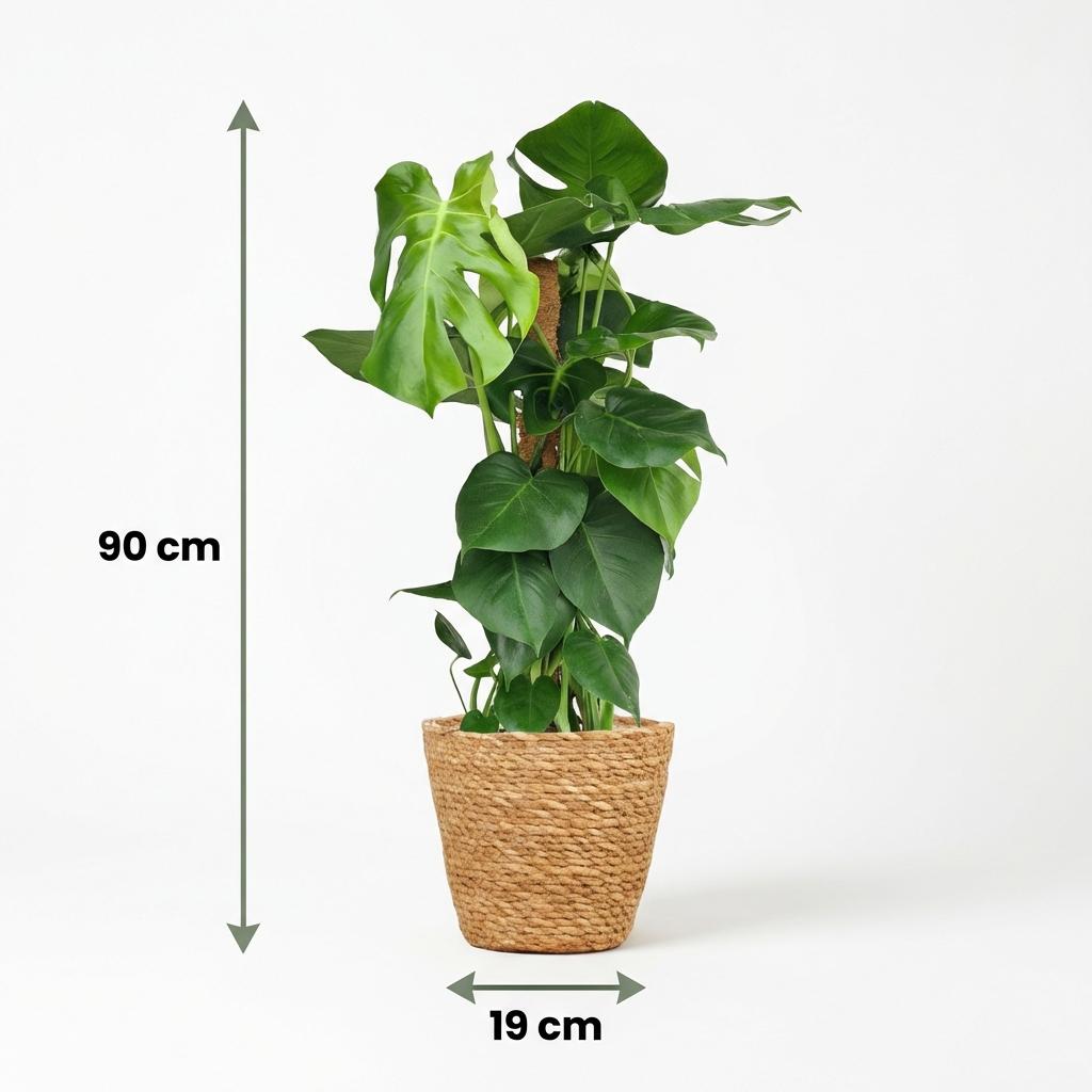 Kamerplant - Gatenplant - Monstera Deliciosa mosstok - Groen - Weinig onderhoud - 1 Plant - met Mand - Pot 19cm - Hoogte 90cm